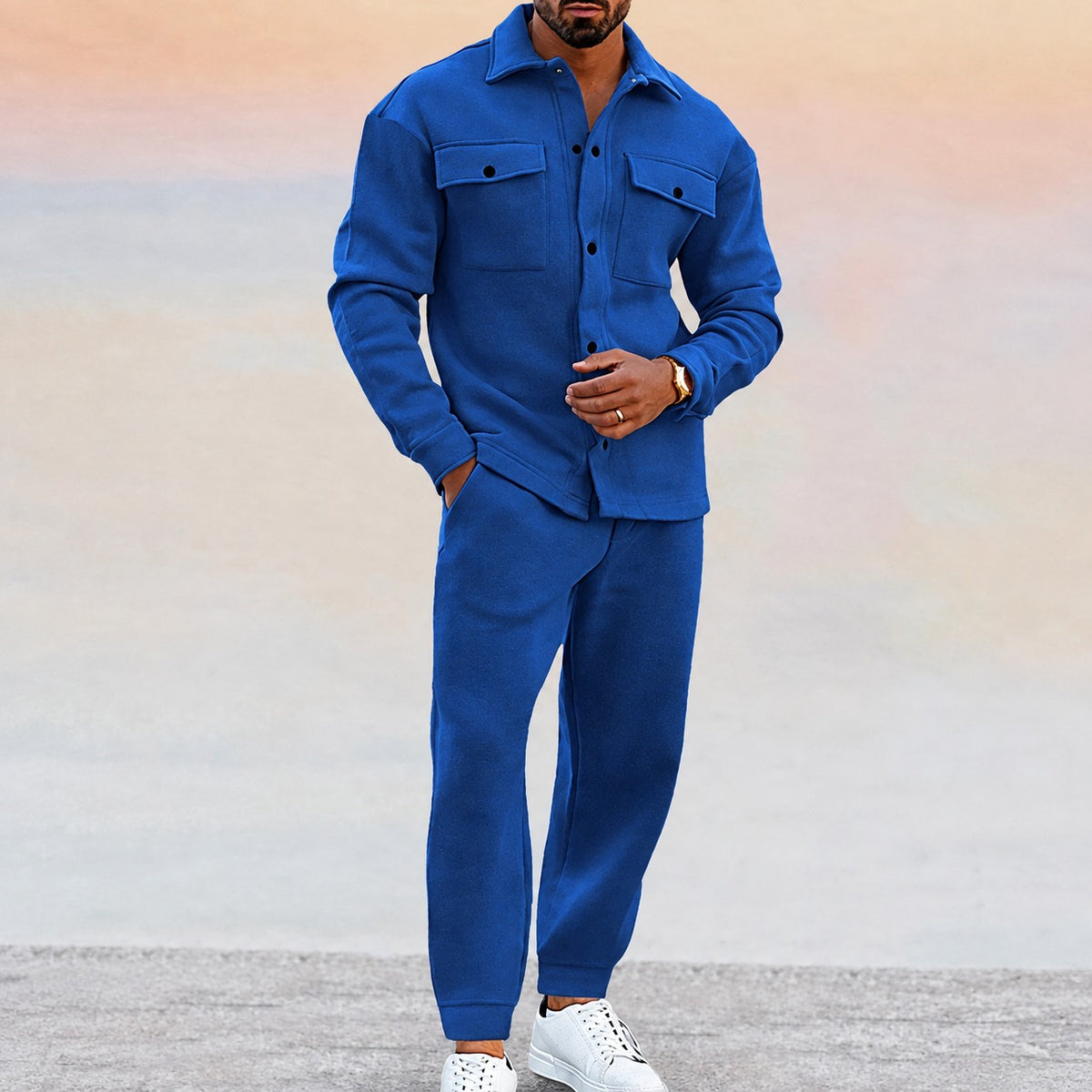 Men's Set - Casual Jacket and Jogger Pants with Pockets and Button Closure