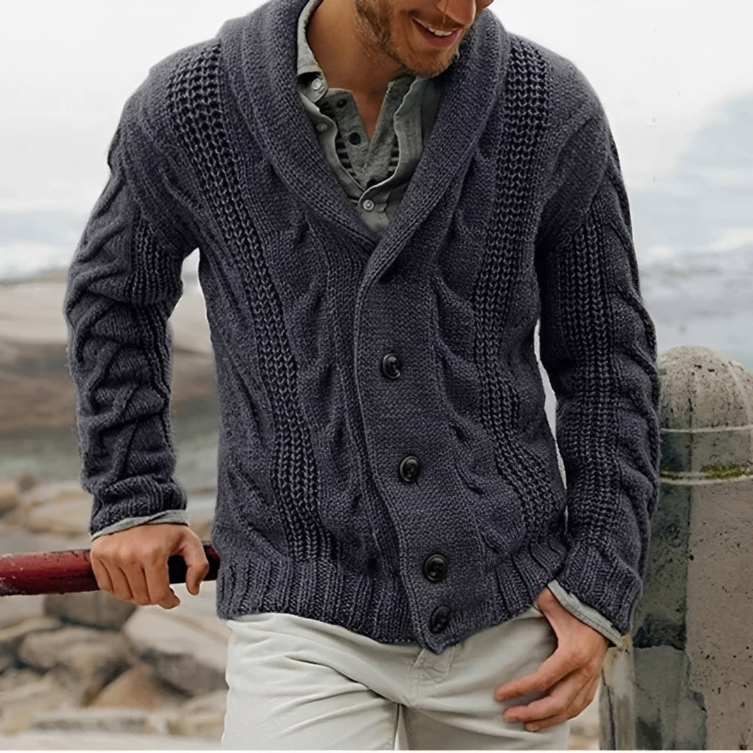Men's Shawl Collar Cardigan - Button Front, Textured Design, Relaxed Fit