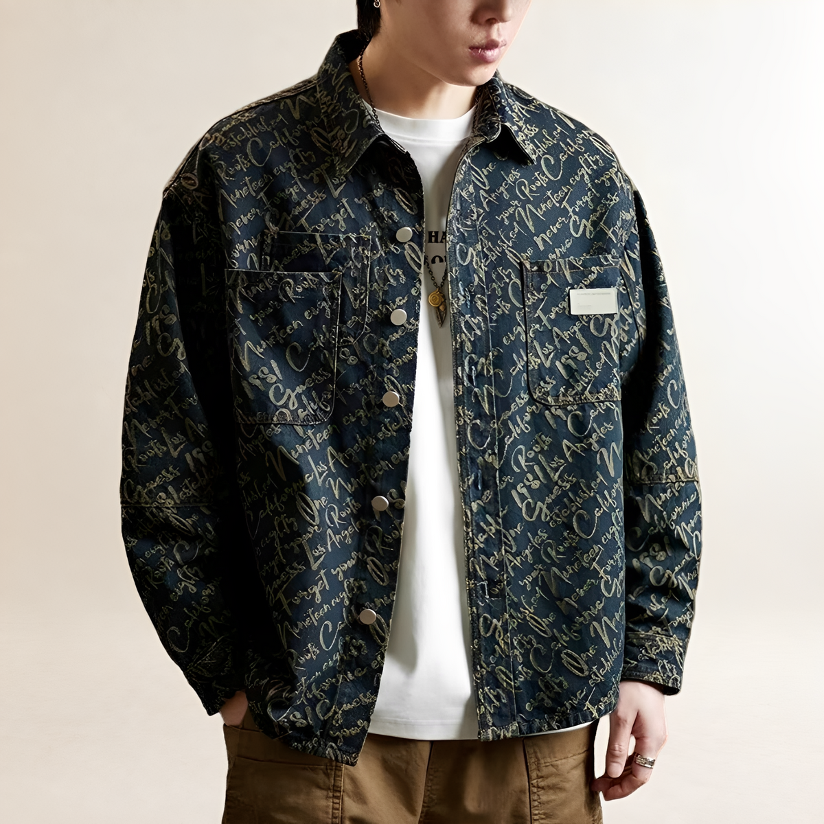 Men's Shirt Jacket with All-Over Embroidered Script, Snap-Front Closure, Patch Chest Pockets, Relaxed Fit