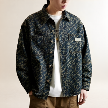 Men's Shirt Jacket with All-Over Embroidered Script, Snap-Front Closure, Patch Chest Pockets, Relaxed Fit
