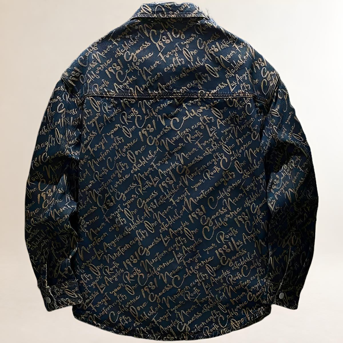 Men's Shirt Jacket with All-Over Embroidered Script, Snap-Front Closure, Patch Chest Pockets, Relaxed Fit