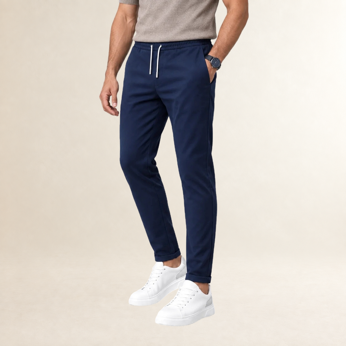 Men's Slim Fit Drawstring Trousers with Tapered Leg and Side Pockets
