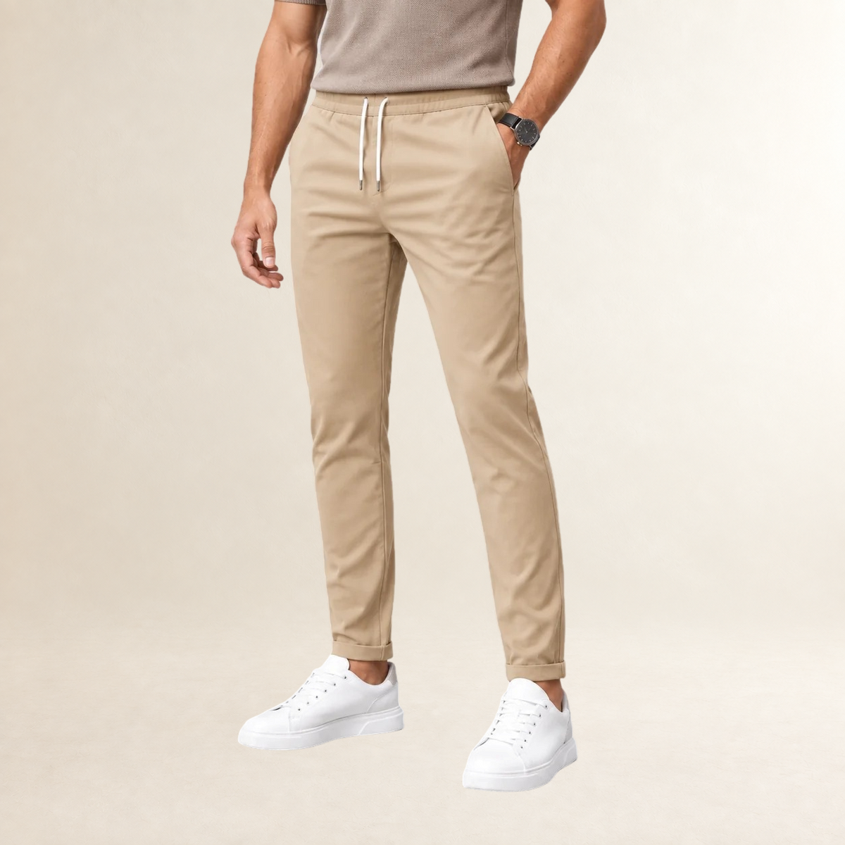 Men's Slim Fit Drawstring Trousers with Tapered Leg and Side Pockets