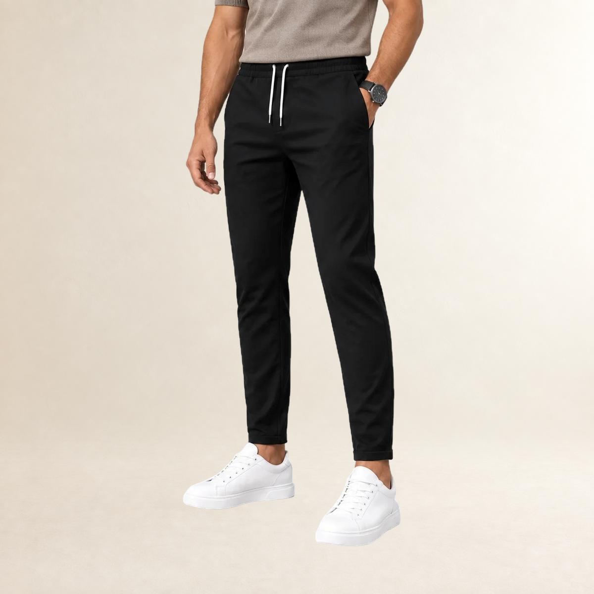 Men's Slim Fit Drawstring Trousers with Tapered Leg and Side Pockets