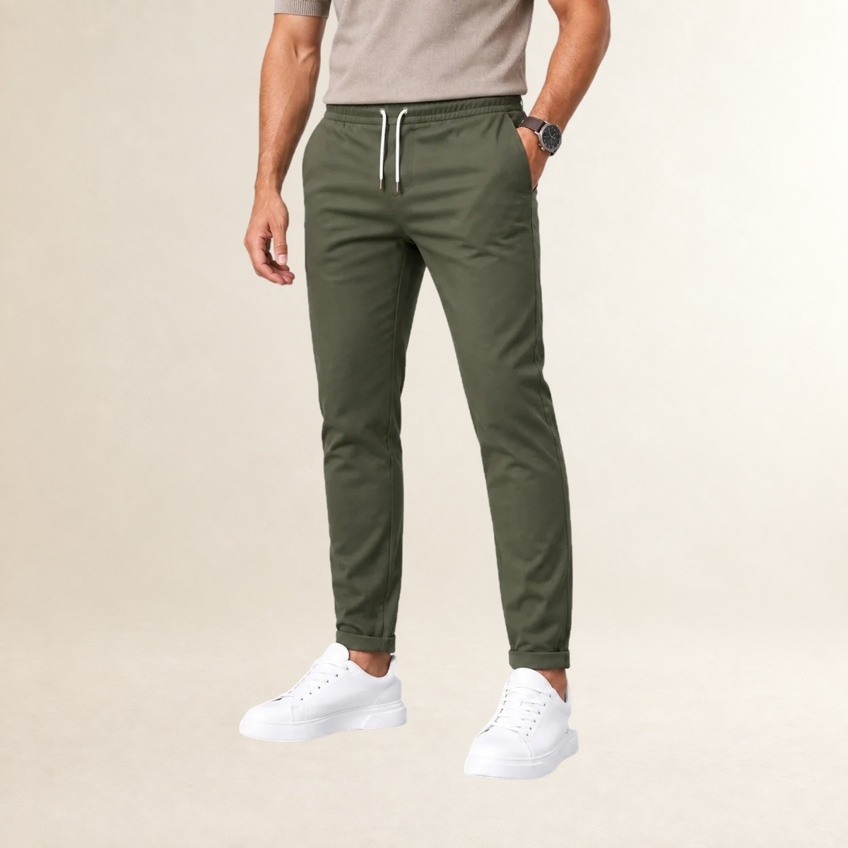 Men's Slim Fit Drawstring Trousers with Tapered Leg and Side Pockets