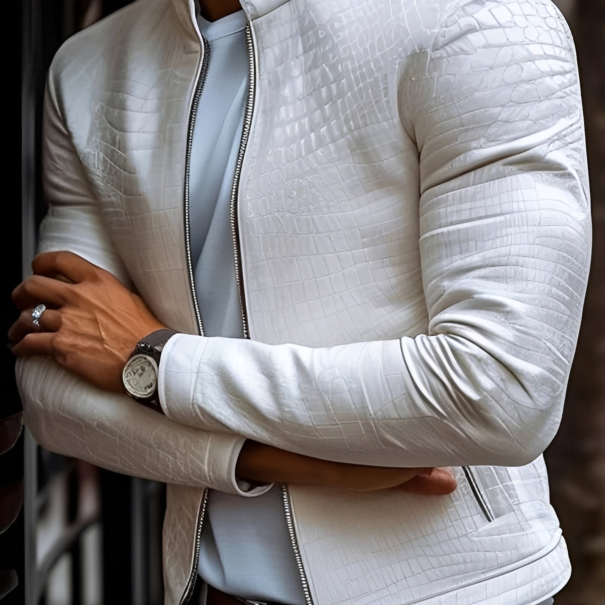 Men's Slim Fit Stand Collar Zipper Jacket - Textured Design