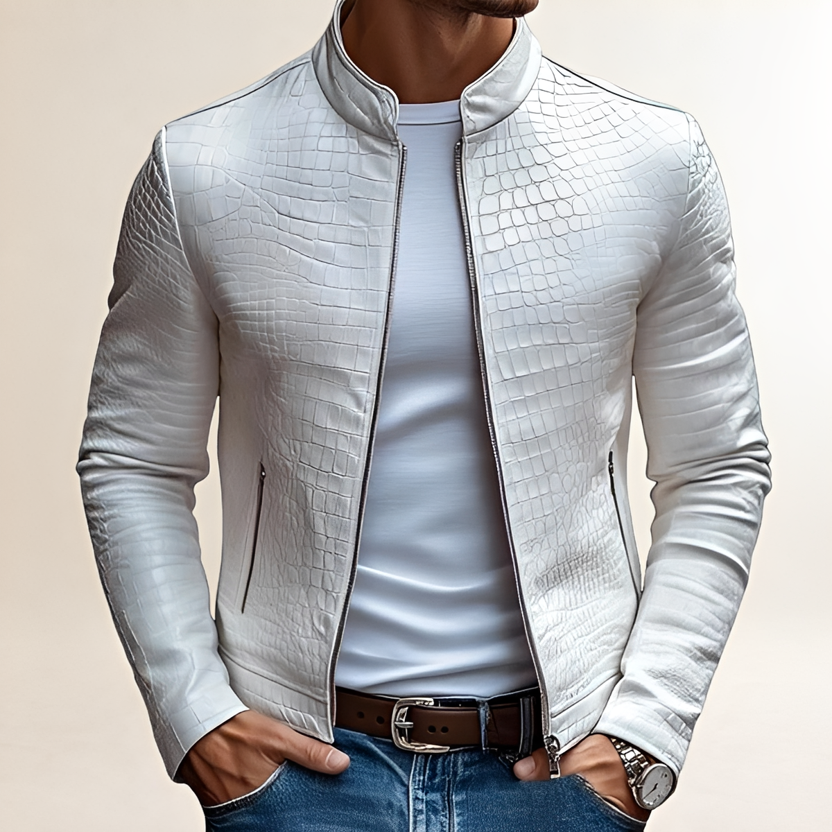 Men's Slim Fit Stand Collar Zipper Jacket - Textured Design