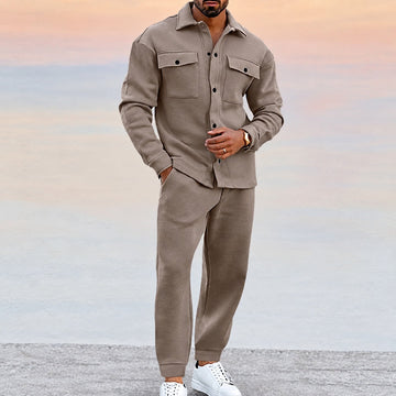 Men's Sports Set - Button-Up Jacket with Pockets and Jogger Pants, Relaxed Fit