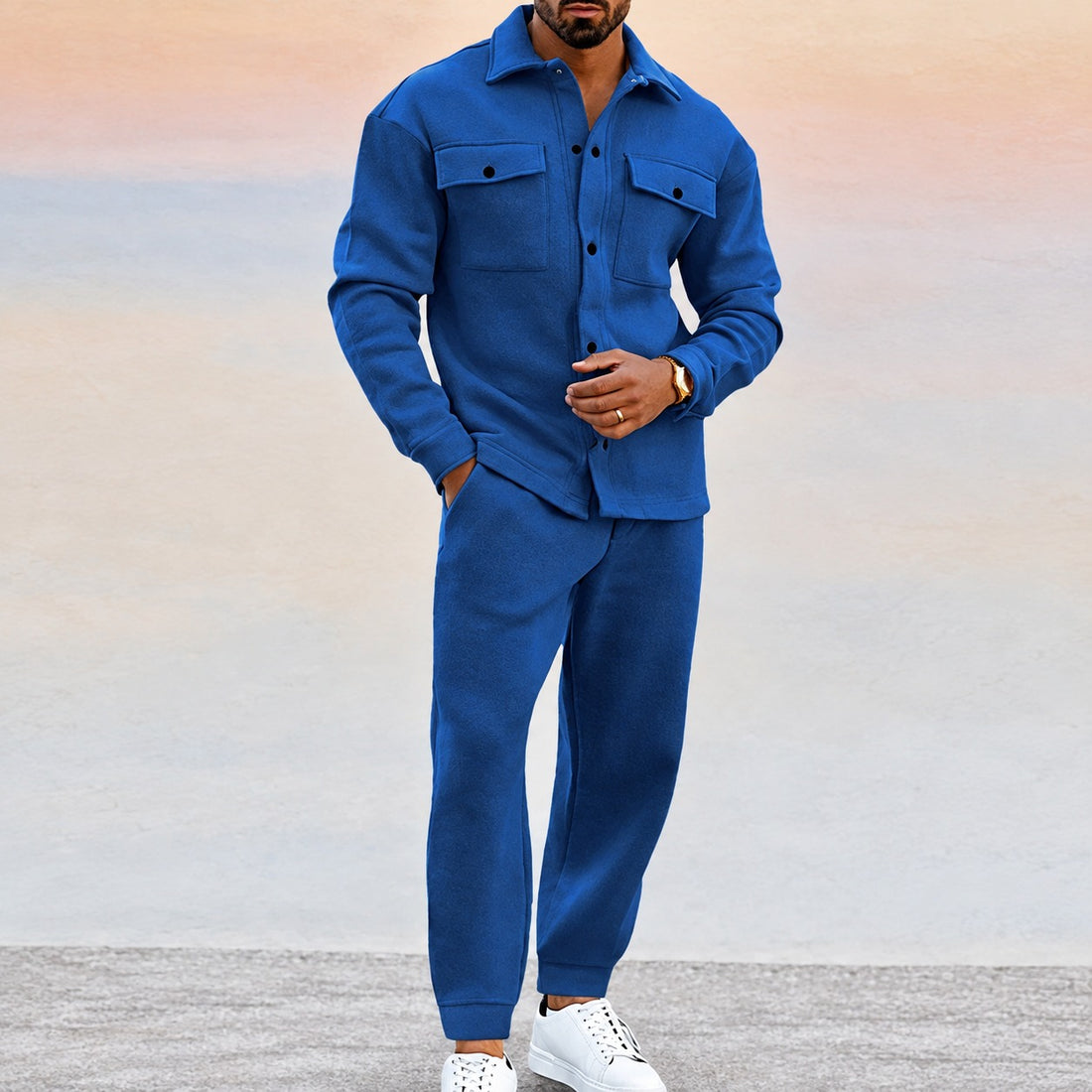 Men's Sports Set - Button-Up Jacket with Pockets and Jogger Pants, Relaxed Fit