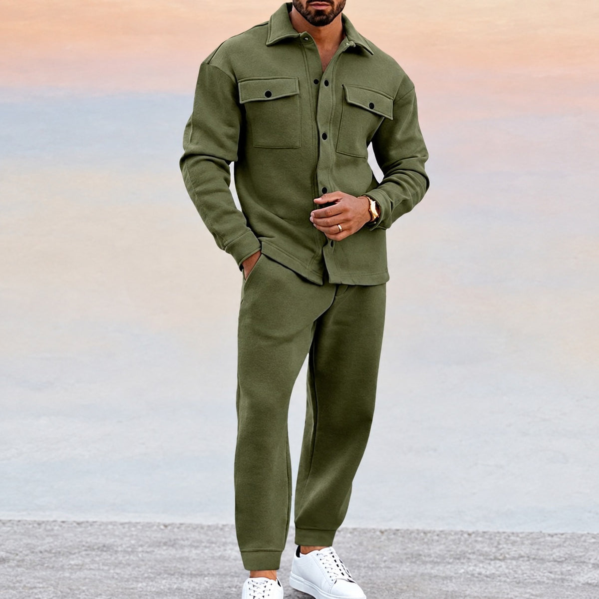 Men's Sports Set - Button-Up Jacket with Pockets and Jogger Pants, Relaxed Fit