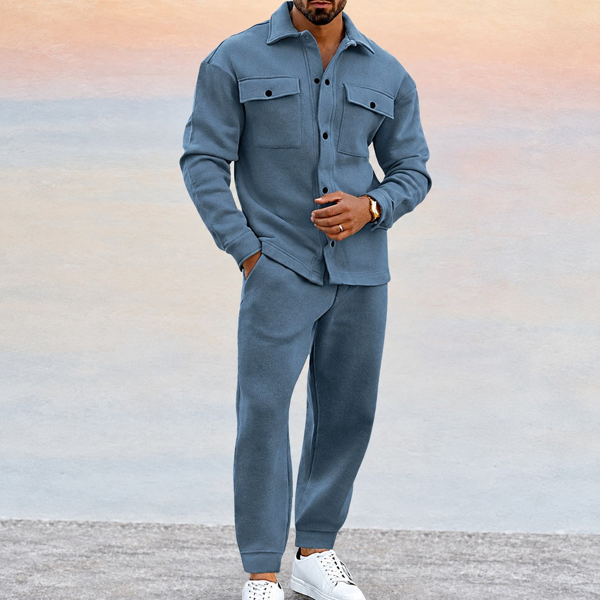 Men's Sports Set - Button-Up Jacket with Pockets and Jogger Pants, Relaxed Fit