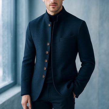 Men's Stand-Collar Jacket with Button Closure and Chest Pocket