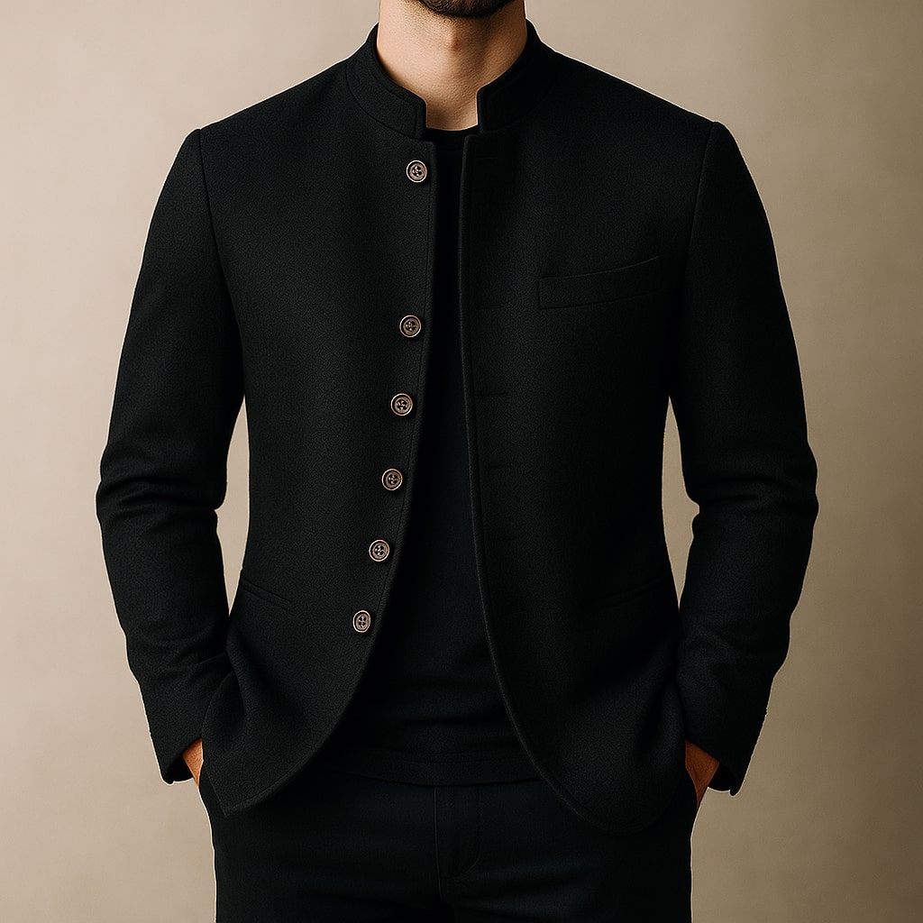 Men's Stand-Collar Jacket with Button Closure and Chest Pocket