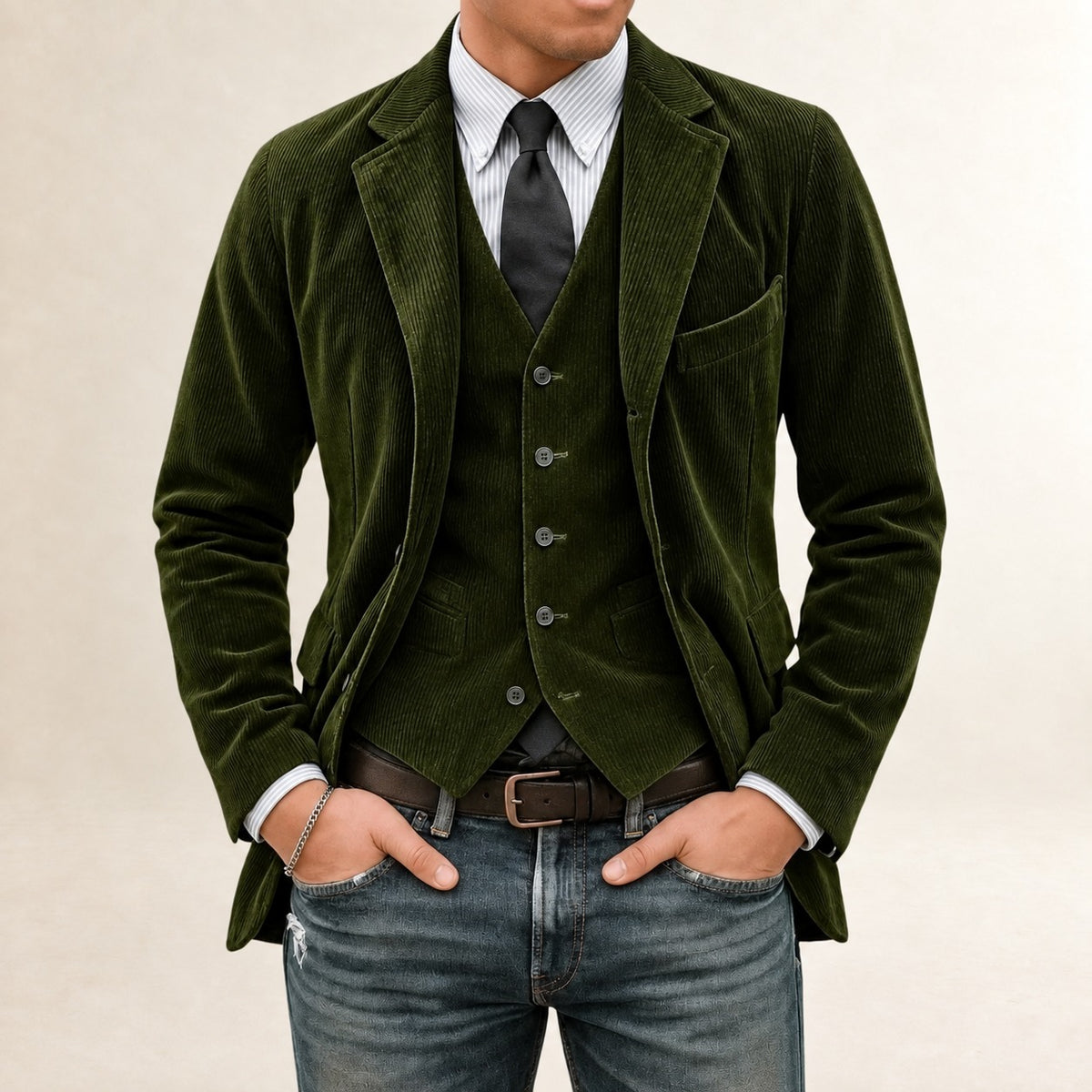 Men's Suit Set - Blazer and Vest with Button Closure and Slim Fit