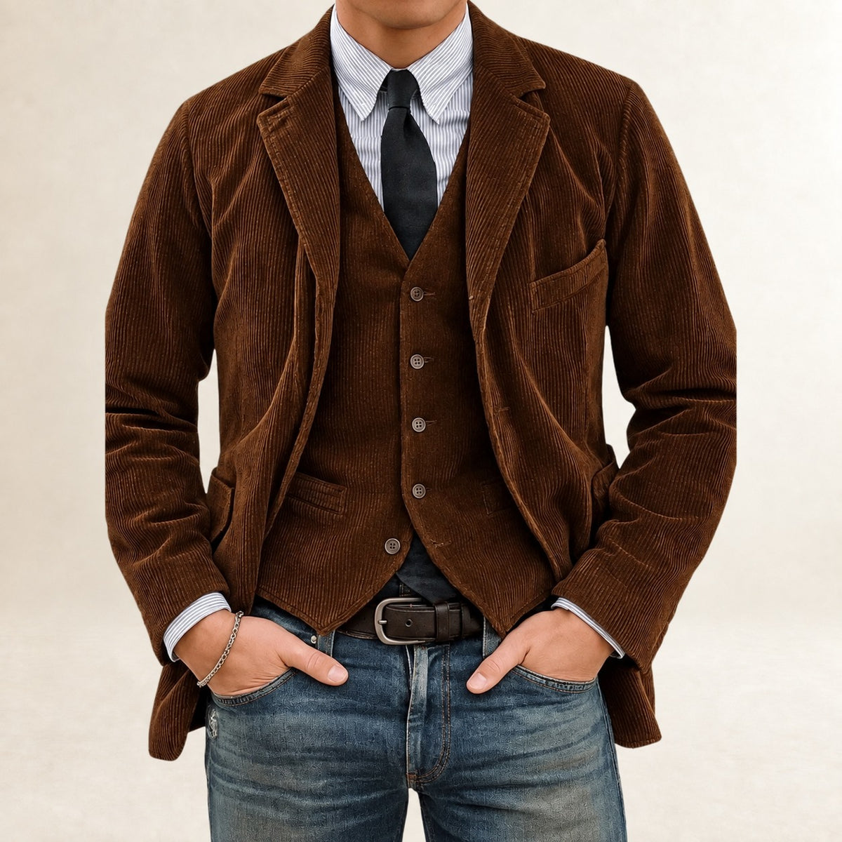 Men's Suit Set - Blazer and Vest with Button Closure and Slim Fit