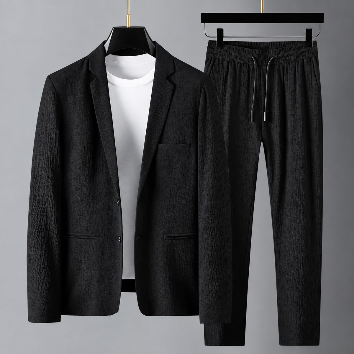 Men's Suit Set with Blazer and Drawstring Pants - Relaxed Fit