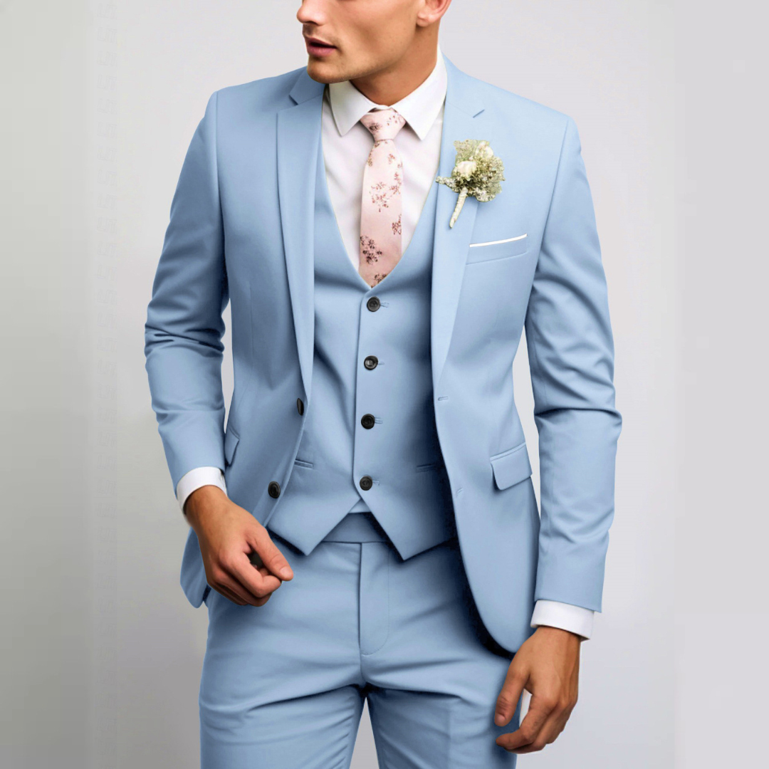 Men's suit set with waistcoat - modern-cut single-breasted jacket & flat-front trousers, crease-resistant