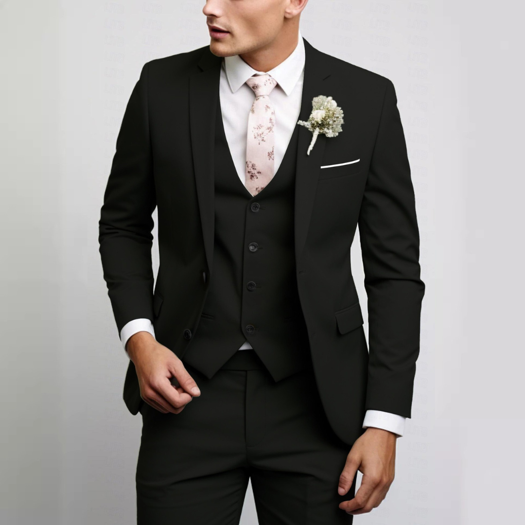 Men's suit set with waistcoat - modern-cut single-breasted jacket & flat-front trousers, crease-resistant
