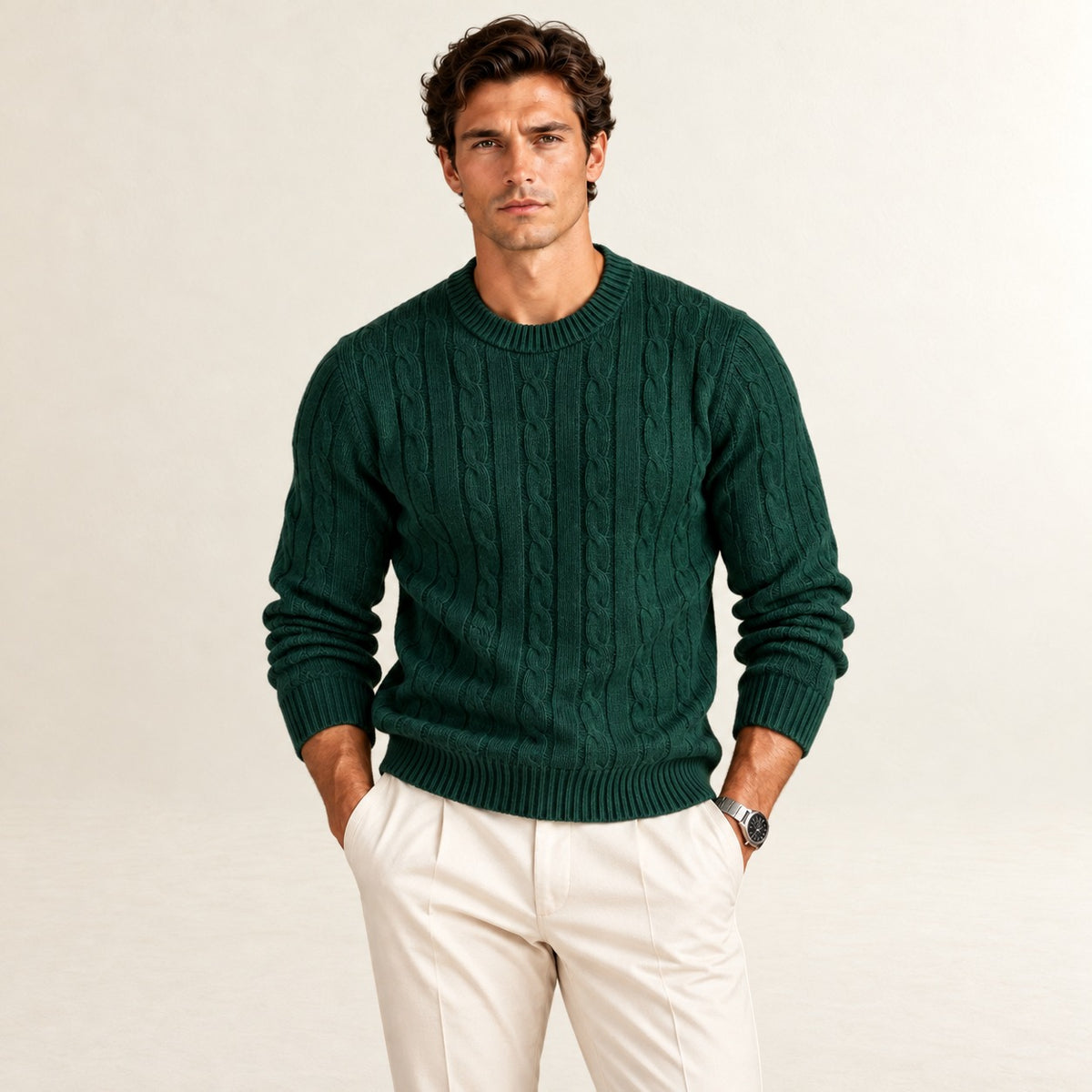 Men's Sweater - Round Neck, Tailored Fit, Elastic Cuffs, Textured Design