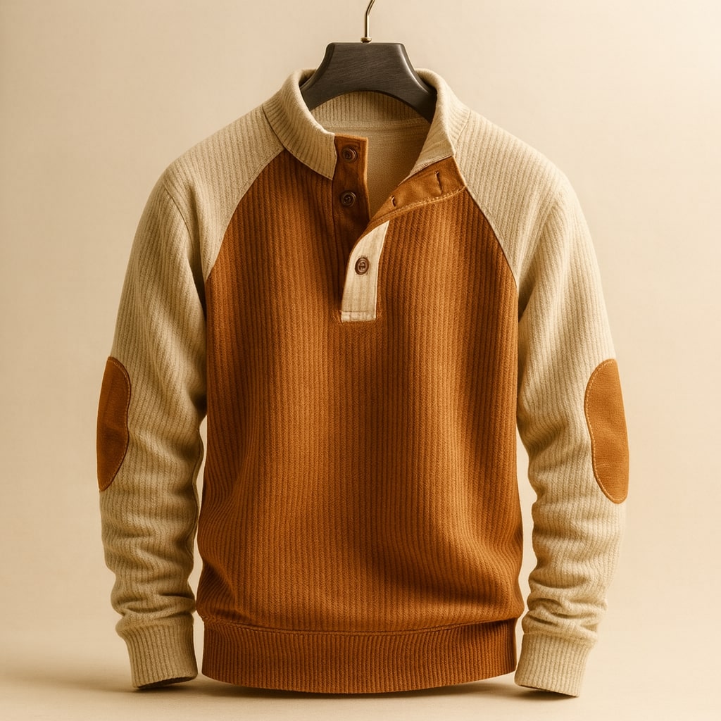Men's Sweater with Button Placket and Mock Neck, Raglan Sleeves & Elbow Patches, Relaxed Fit