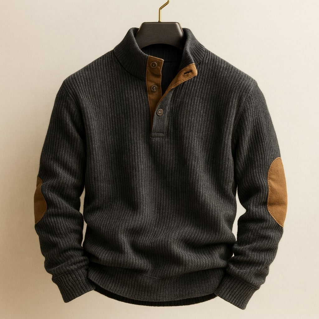 Men's Sweater with Button Placket and Mock Neck, Raglan Sleeves & Elbow Patches, Relaxed Fit