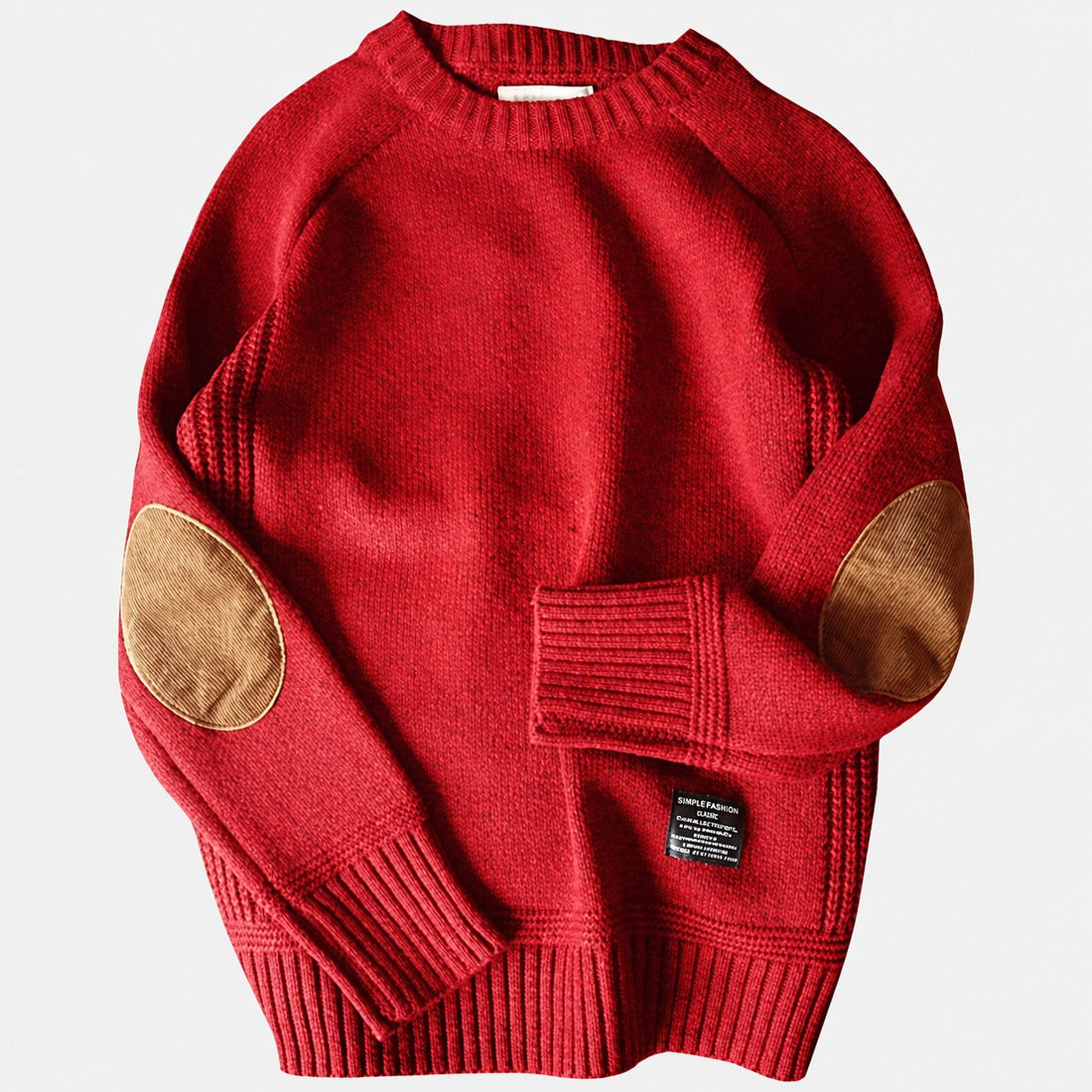 Men's Sweater with Elbow Patches - Crew Neck, Ribbed Cuffs