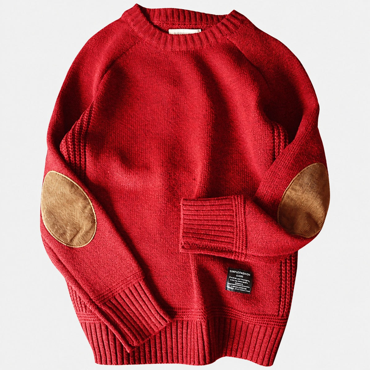 Men's Sweater with Elbow Patches - Crew Neck, Ribbed Cuffs