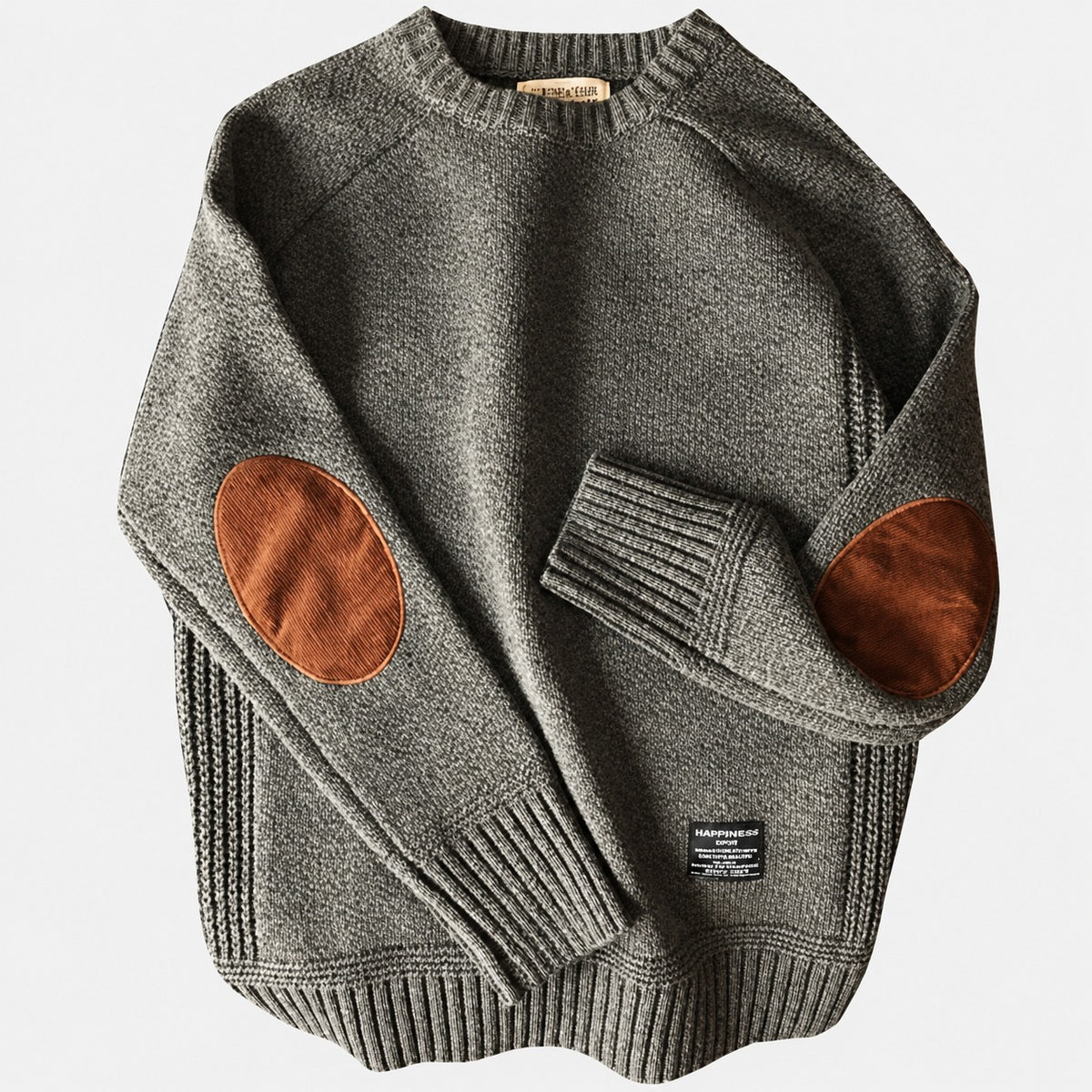 Men's Sweater with Elbow Patches - Crew Neck, Ribbed Cuffs