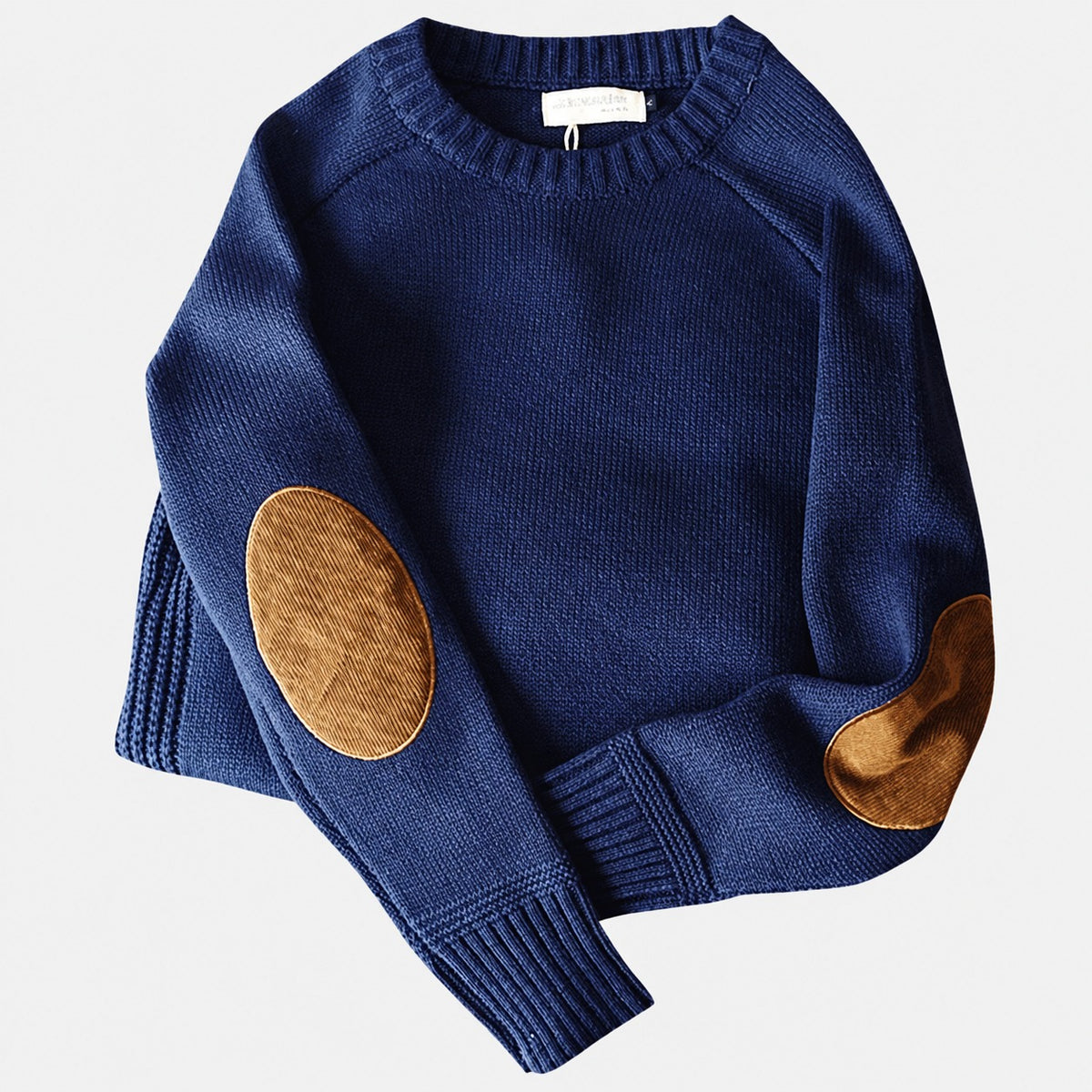 Men's Sweater with Elbow Patches - Crew Neck, Ribbed Cuffs