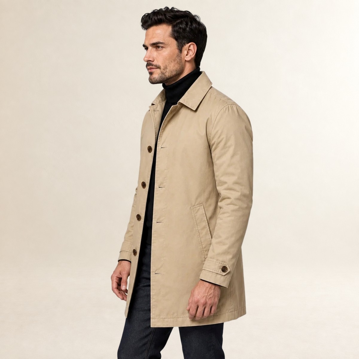 Men's Tailored Coat with Button Front and Functional Pockets - Longline Fit