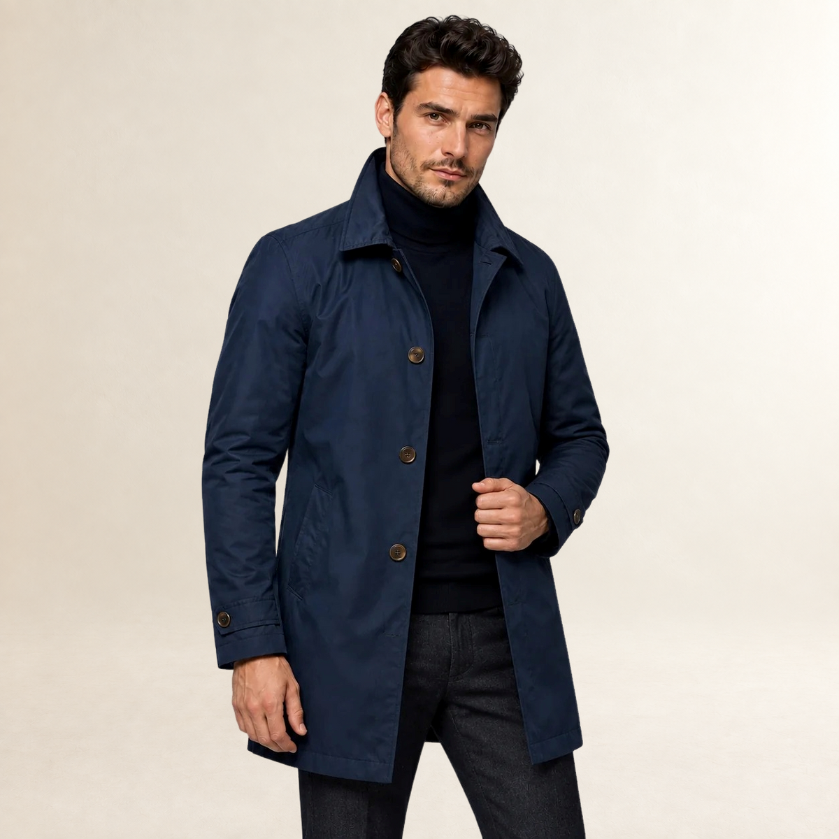 Men's Tailored Coat with Button Front and Functional Pockets - Longline Fit