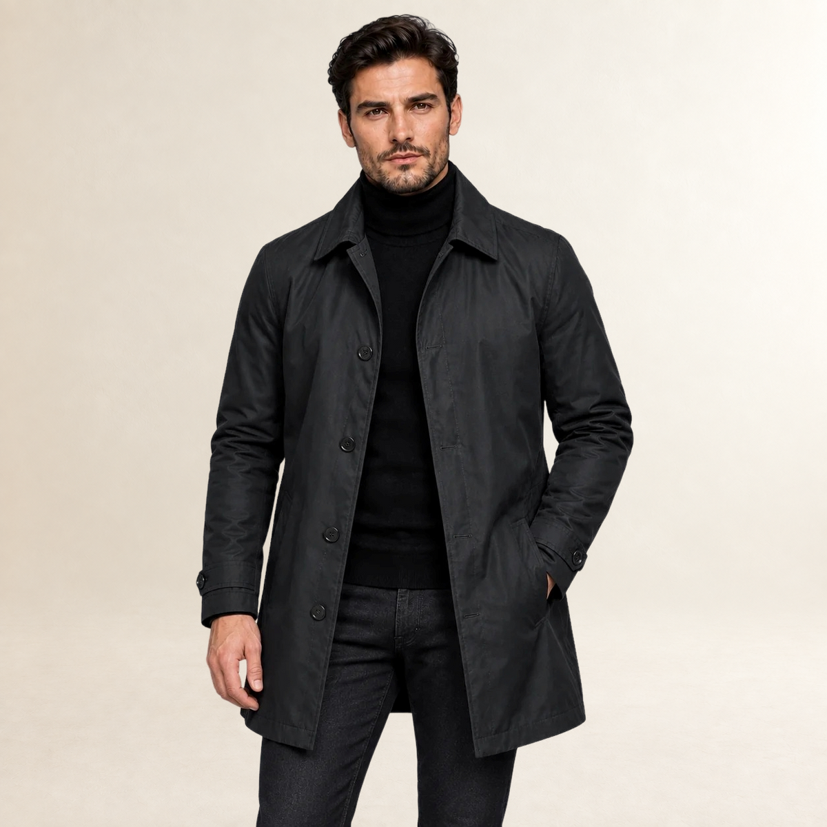 Men's Tailored Coat with Button Front and Functional Pockets - Longline Fit