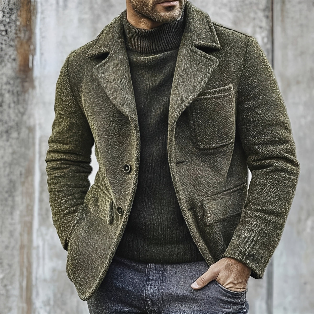 Men's Textured Double Breasted Jacket with Patch Pocket