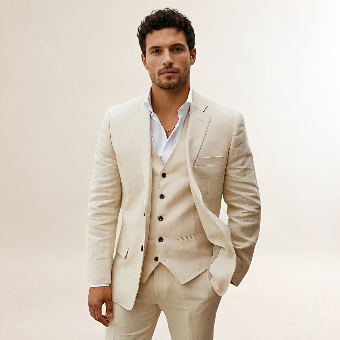 Men's Three-Piece Suit - Blazer, Vest, and Trousers with Notched Lapel and Button Closure