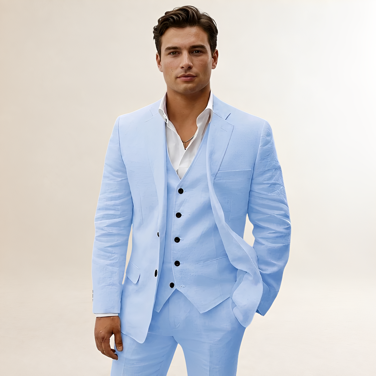 Men's Three-Piece Suit - Blazer, Vest, and Trousers with Notched Lapel and Button Closure