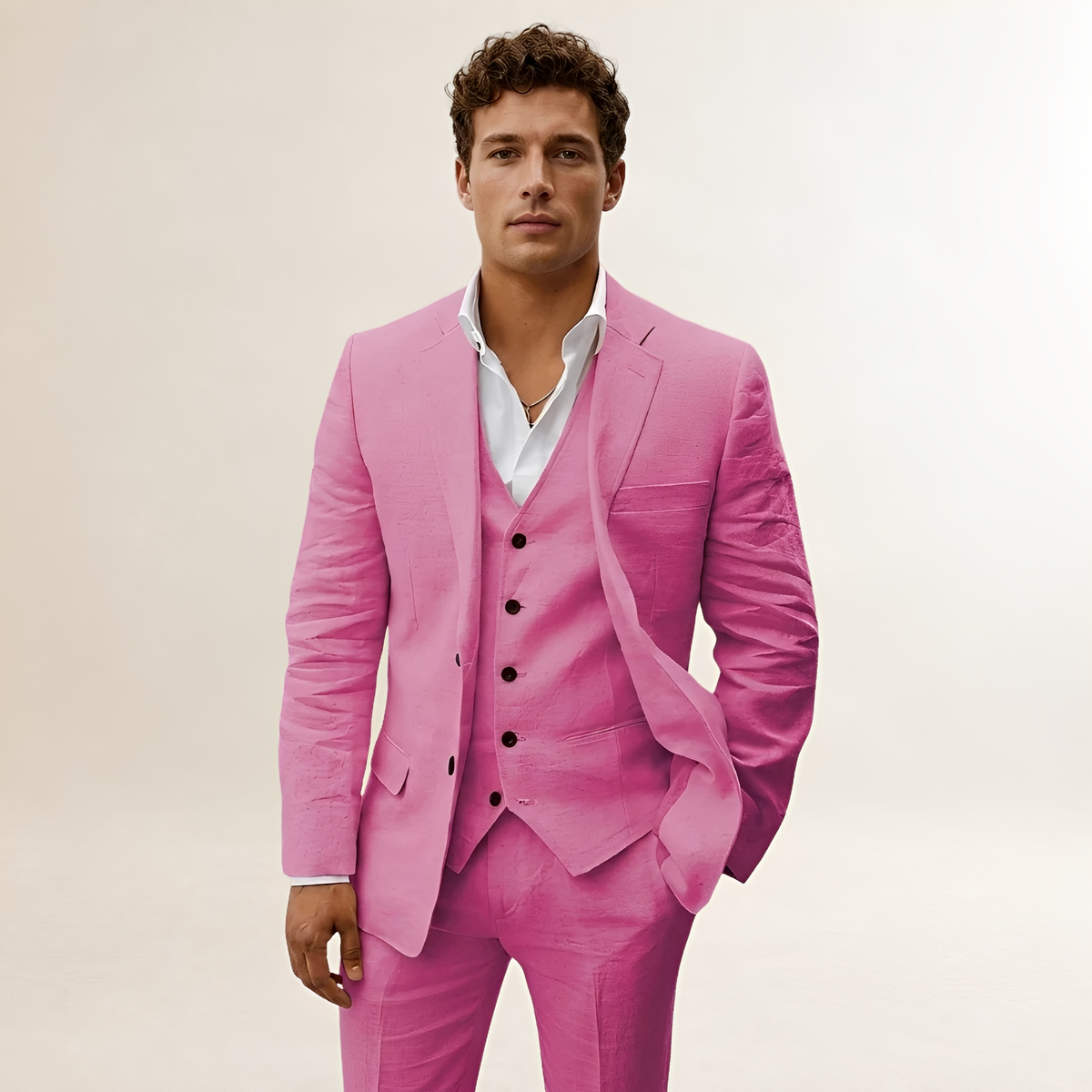 Men's Three-Piece Suit - Blazer, Vest, and Trousers with Notched Lapel and Button Closure