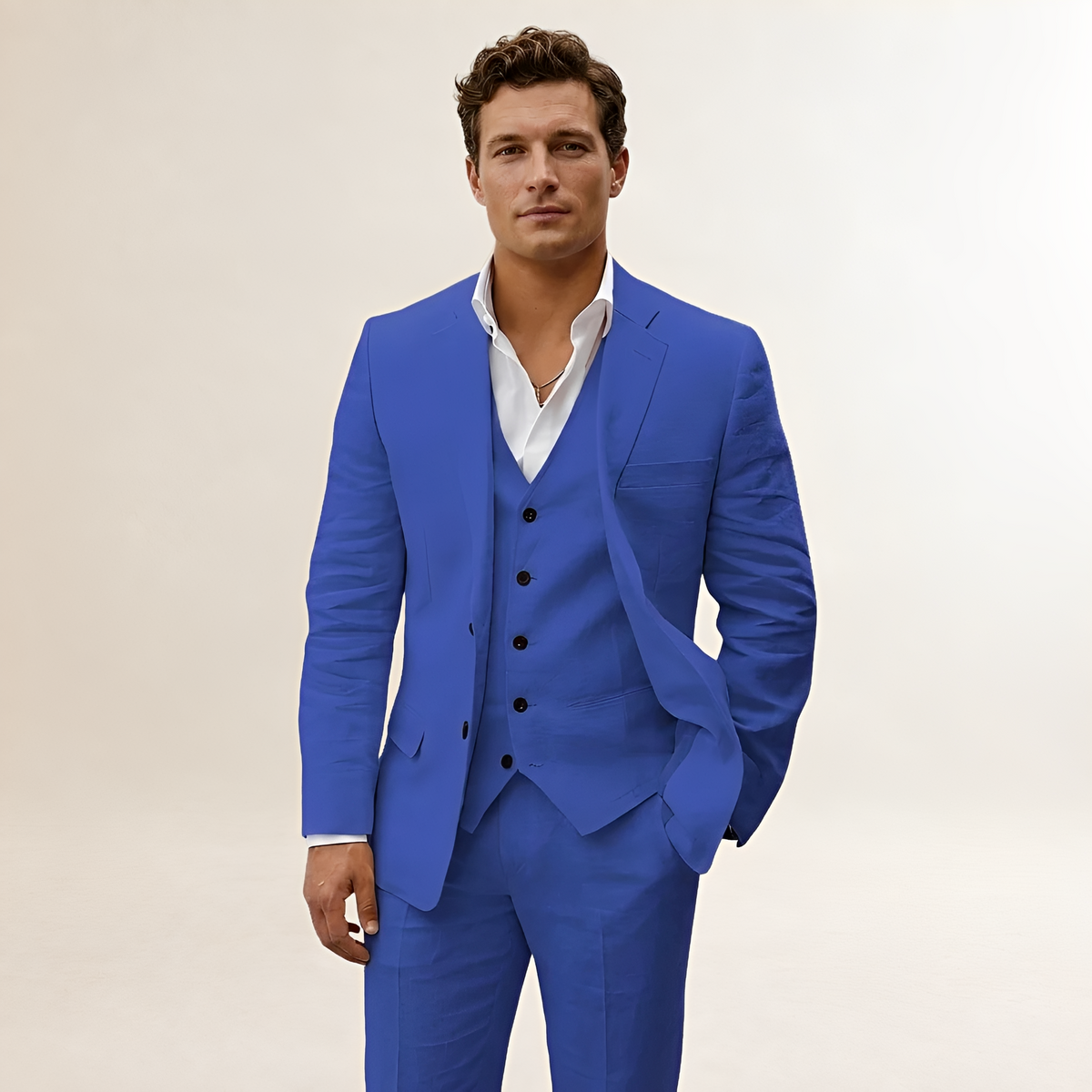Men's Three-Piece Suit - Blazer, Vest, and Trousers with Notched Lapel and Button Closure