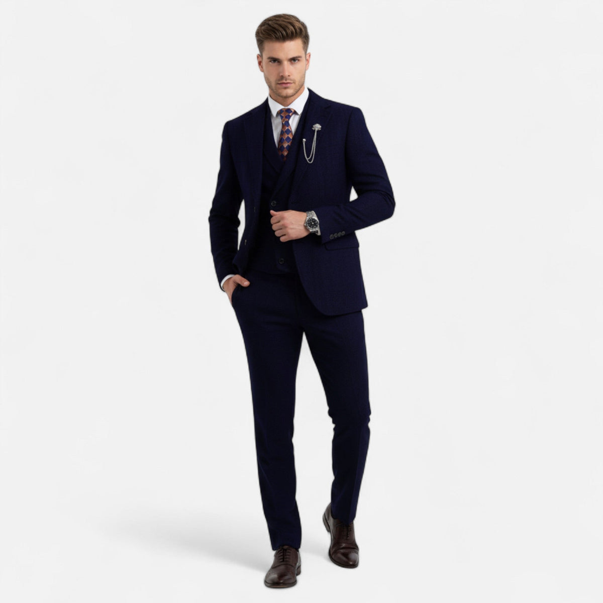 Men's Three-Piece Suit - Double-Breasted Herringbone Design with Tailored Fit
