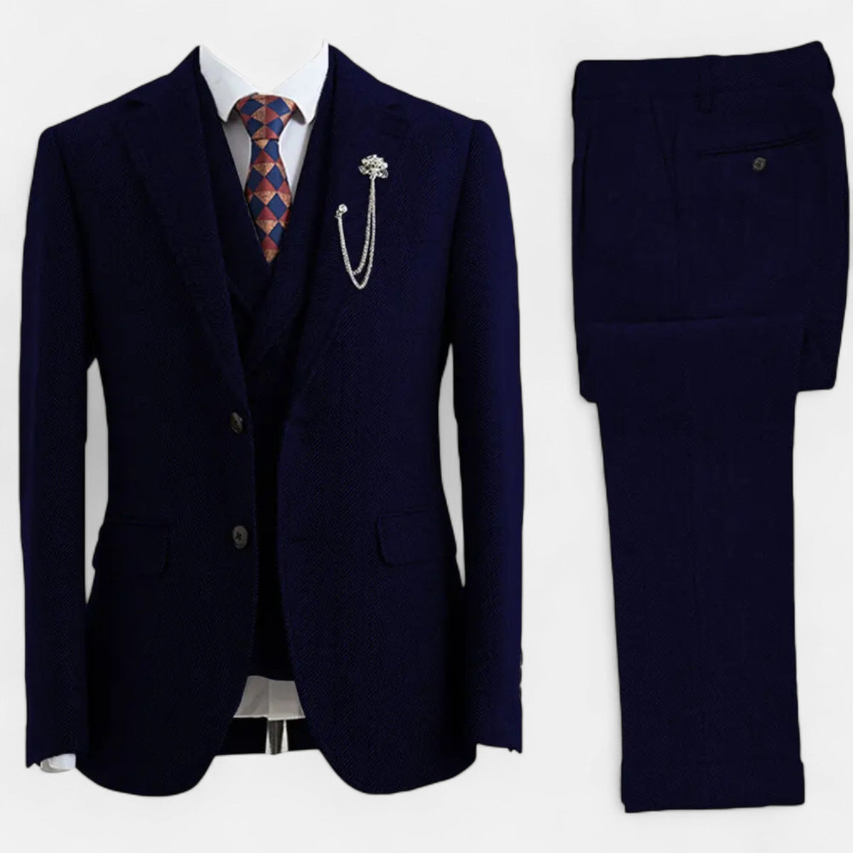 Men's Three-Piece Suit - Double-Breasted Herringbone Design with Tailored Fit