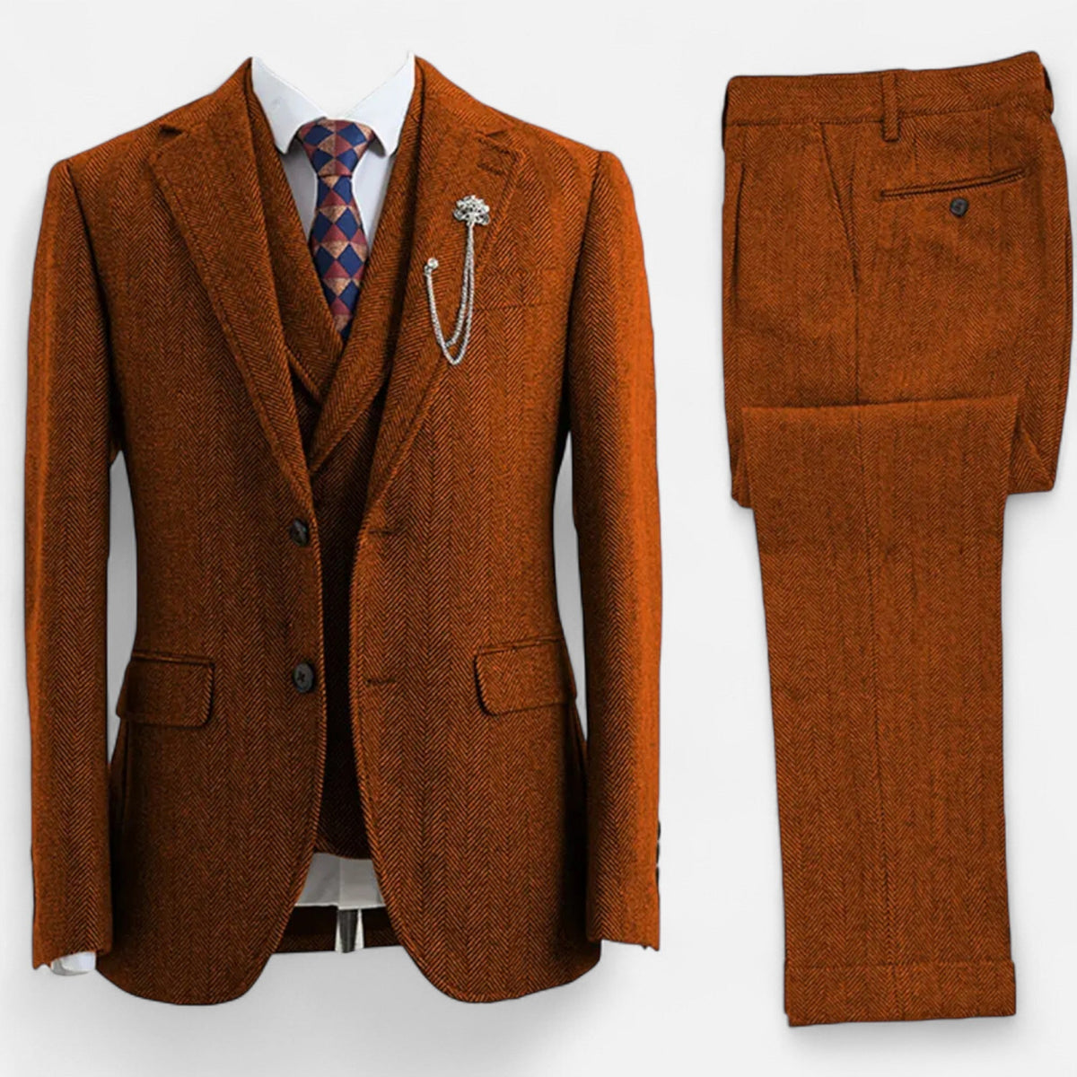 Men's Three-Piece Suit - Double-Breasted Herringbone Design with Tailored Fit