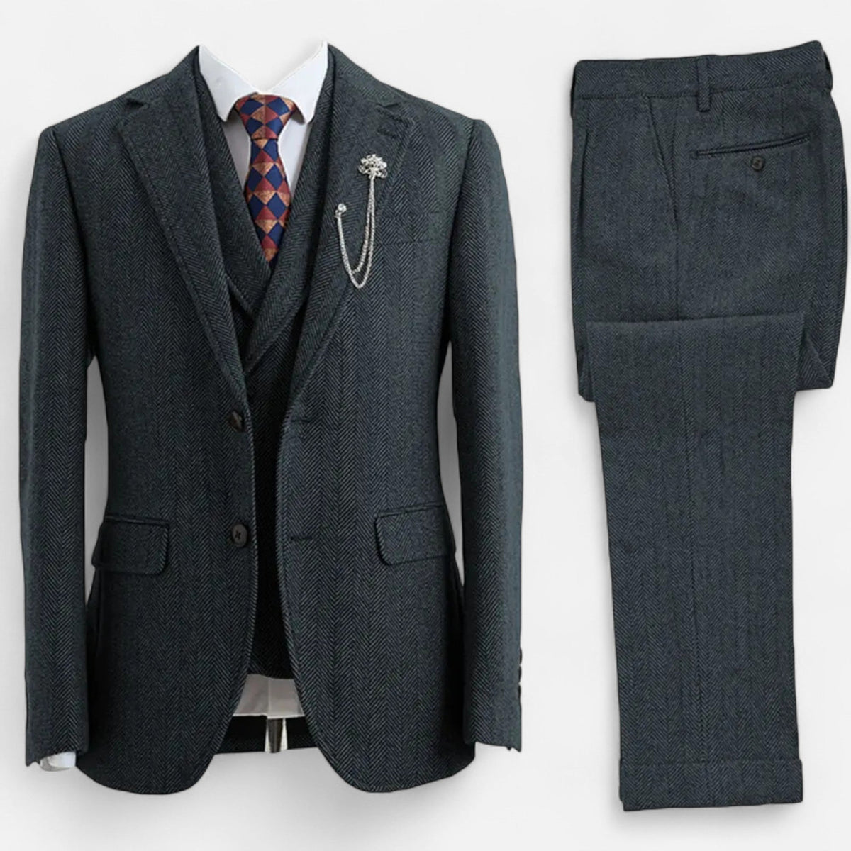 Men's Three-Piece Suit - Double-Breasted Herringbone Design with Tailored Fit