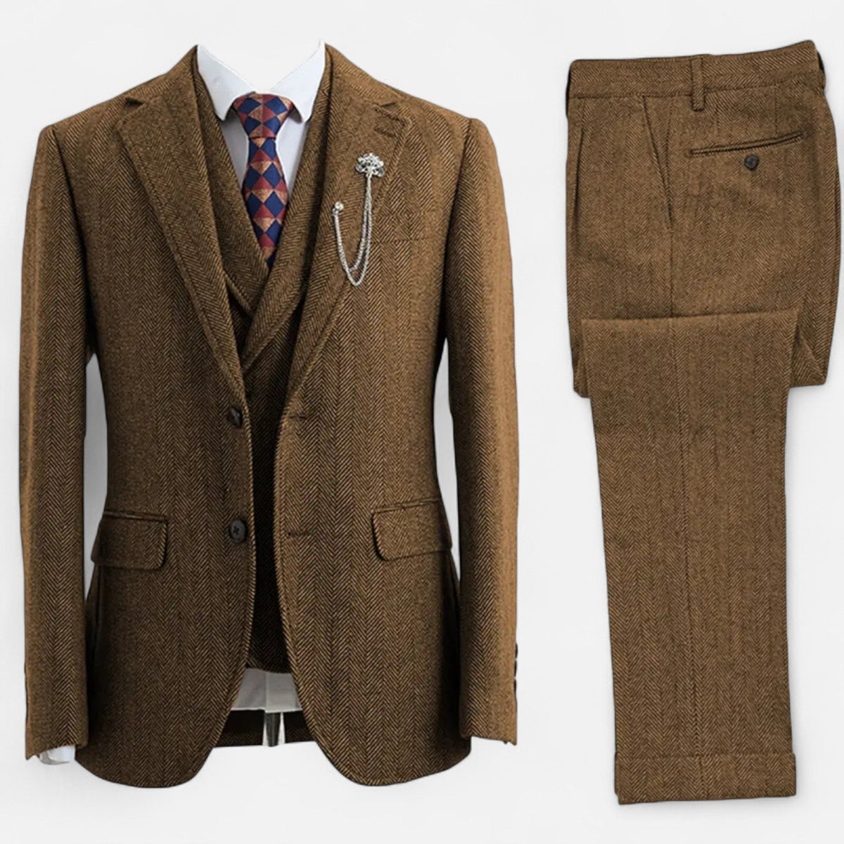 Men's Three-Piece Suit - Double-Breasted Herringbone Design with Tailored Fit
