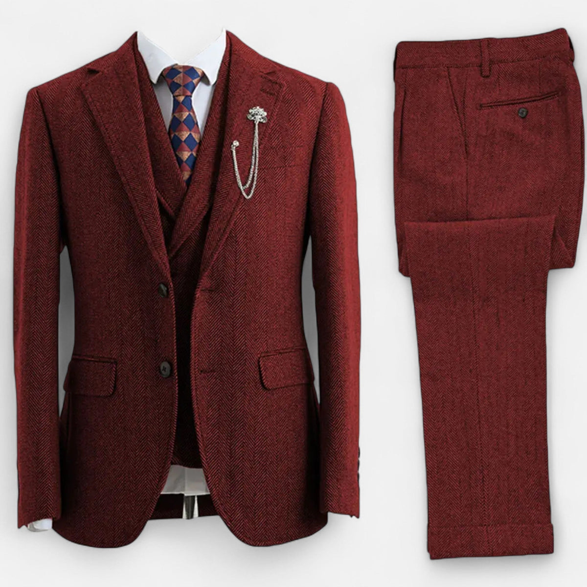 Men's Three-Piece Suit - Double-Breasted Herringbone Design with Tailored Fit