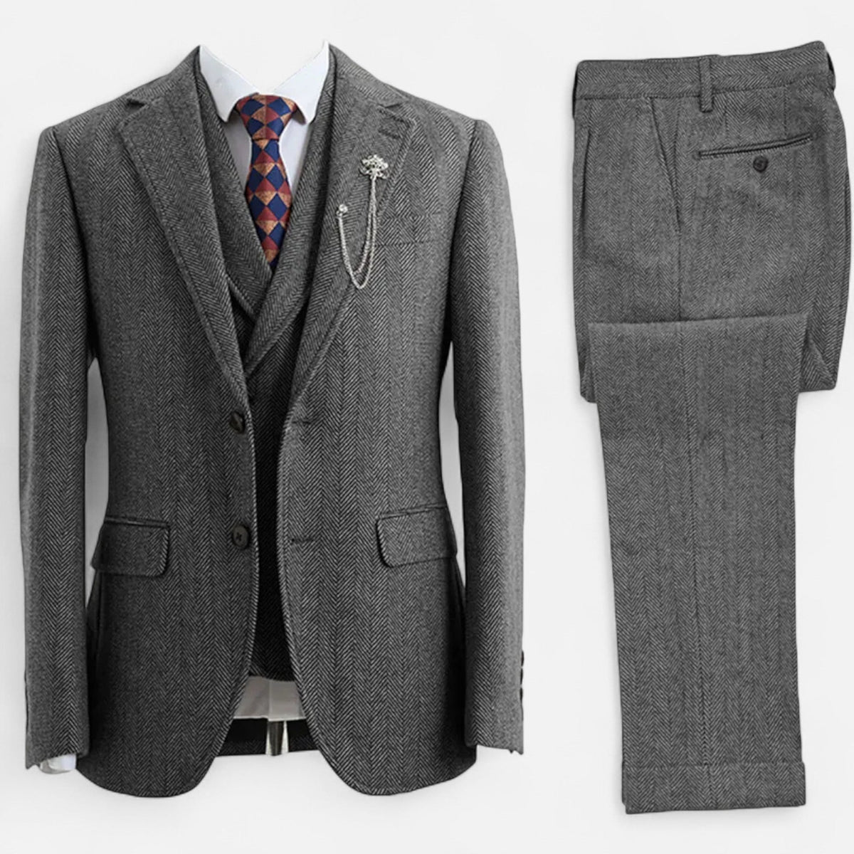 Men's Three-Piece Suit - Double-Breasted Herringbone Design with Tailored Fit