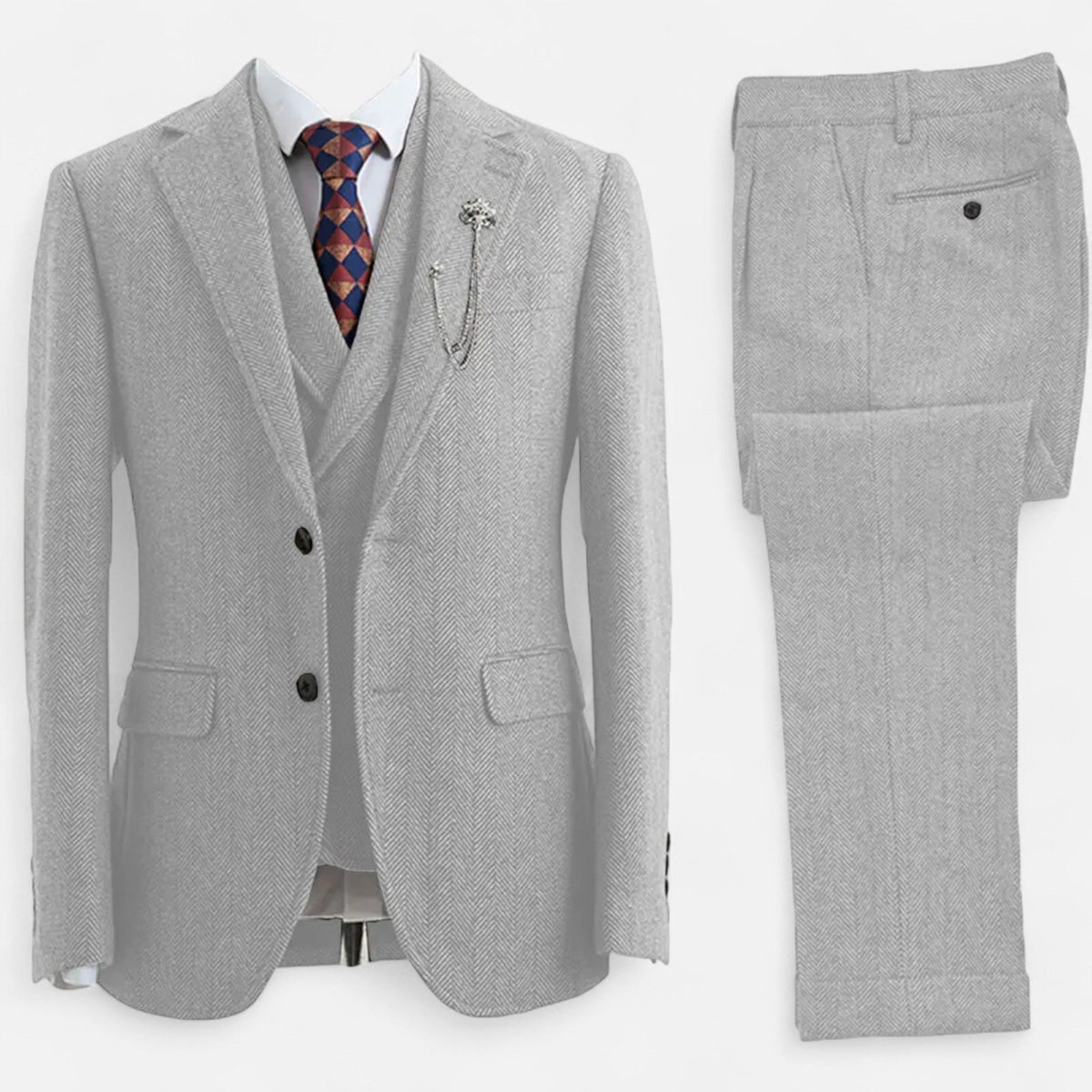 Men's Three-Piece Suit - Double-Breasted Herringbone Design with Tailored Fit