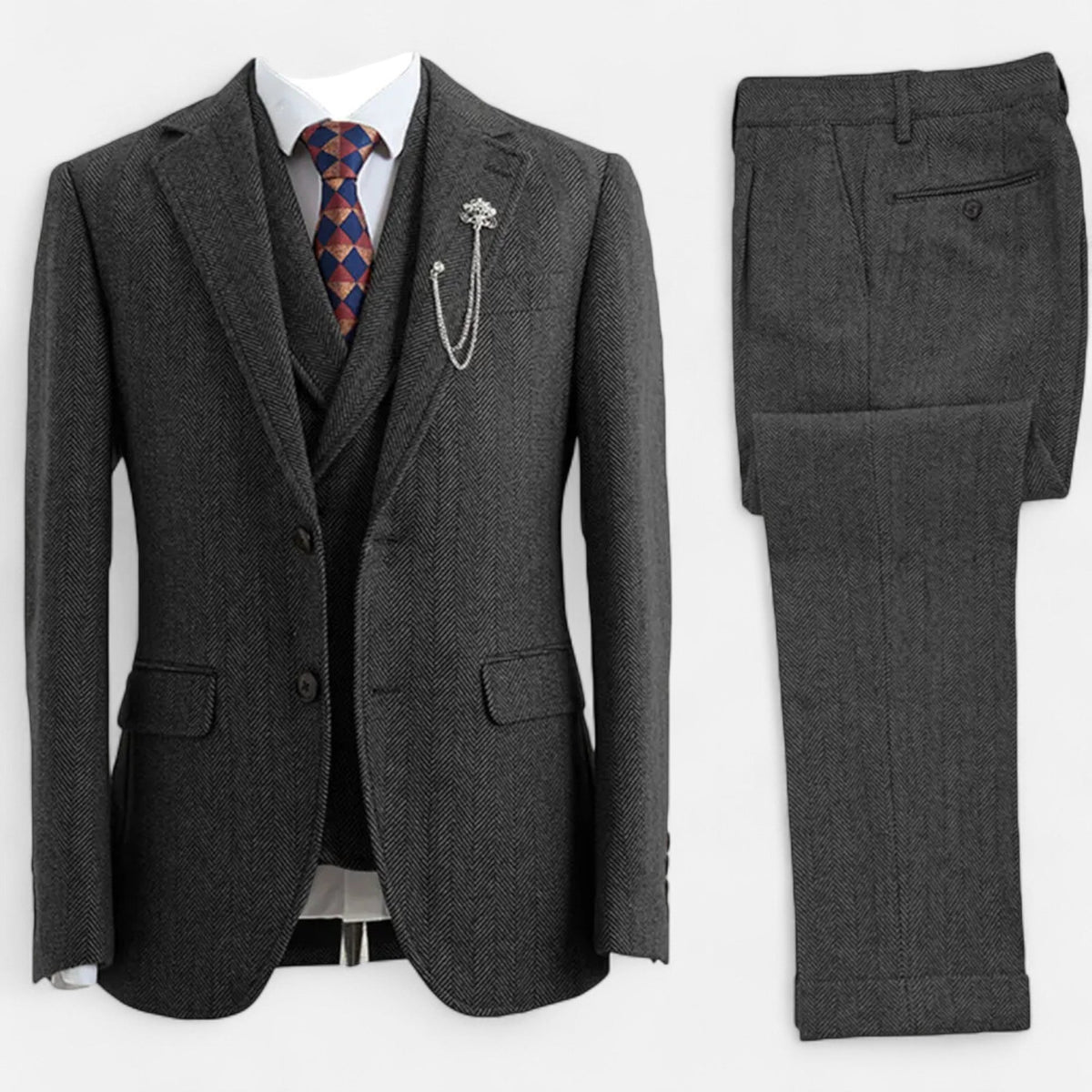 Men's Three-Piece Suit - Double-Breasted Herringbone Design with Tailored Fit