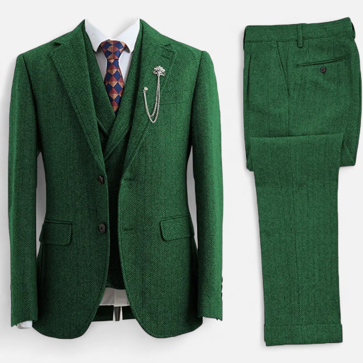 Men's Three-Piece Suit - Double-Breasted Herringbone Design with Tailored Fit