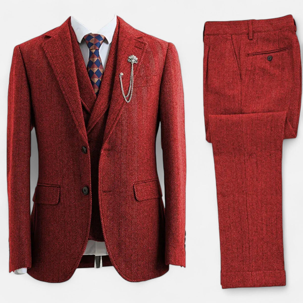 Men's Three-Piece Suit - Double-Breasted Herringbone Design with Tailored Fit