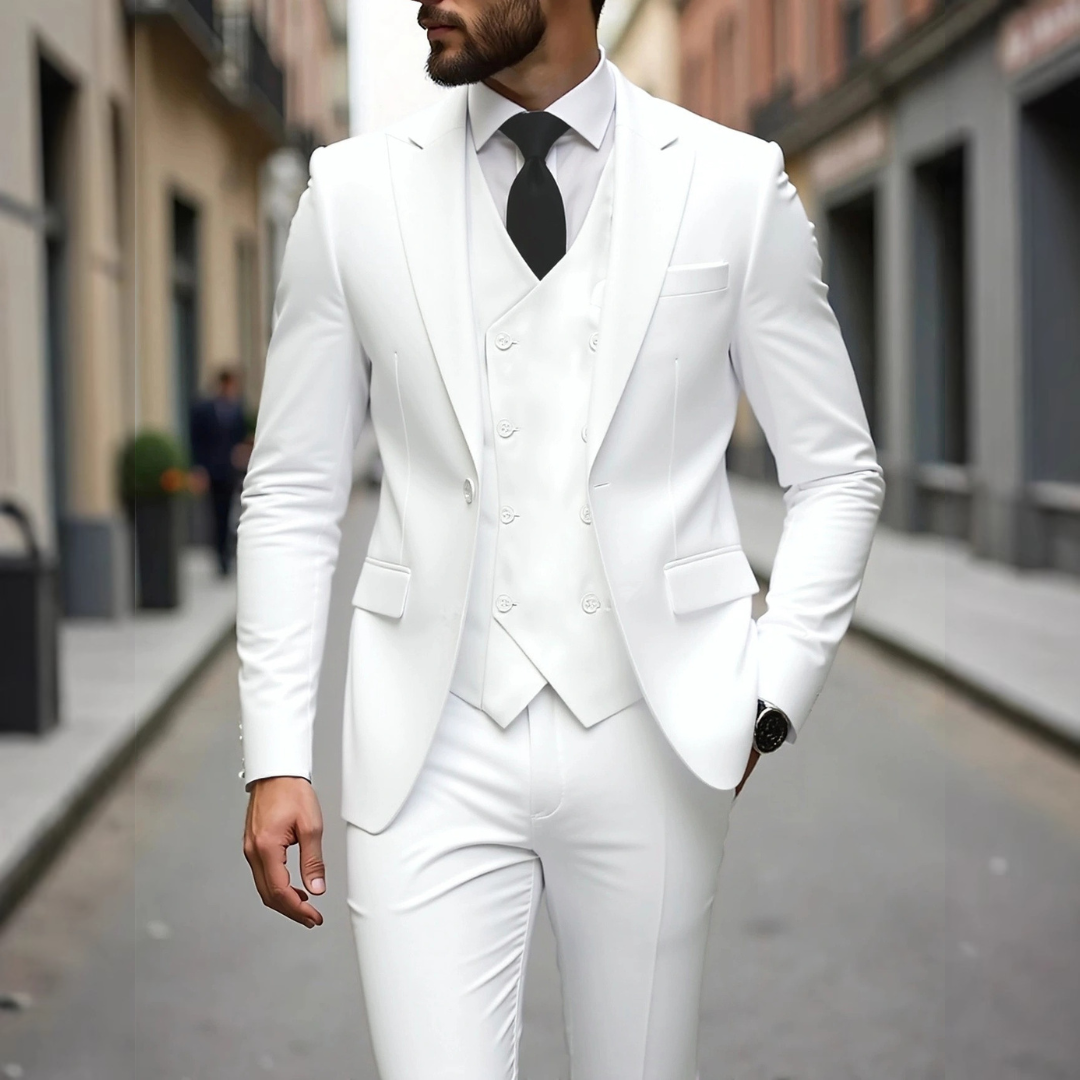 Men's Three-Piece Suit with Double-Breasted Waistcoat, Slim-Fit Two-Button Jacket