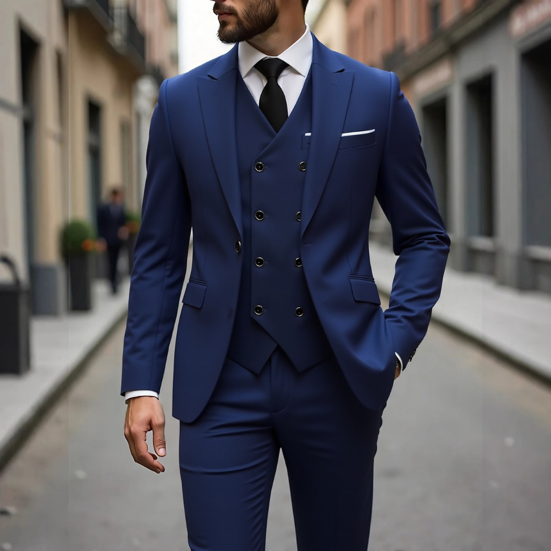 Men's Three-Piece Suit with Double-Breasted Waistcoat, Slim-Fit Two-Button Jacket